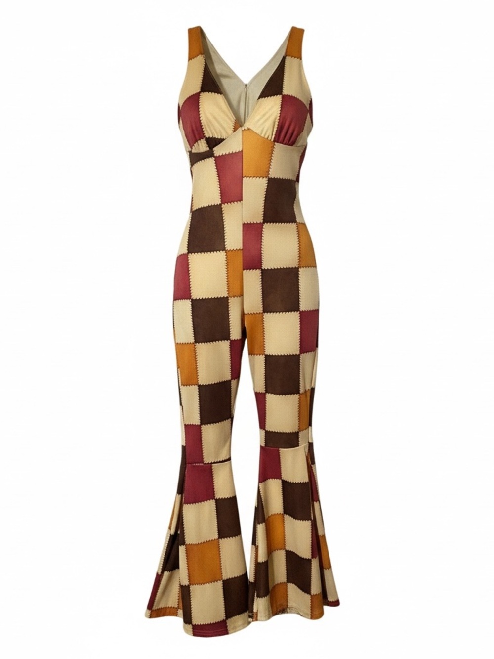 Patchwork V-Neck Knit Jumpsuit in Multicolor Earthtones - Picture 2 of 4